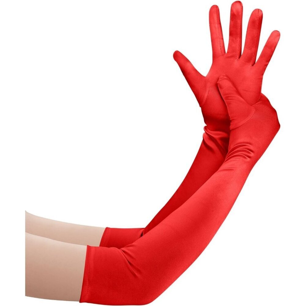 Women's Red Long Satin Opera Fabric Gloves Party Tea Stretchy Elbow Length